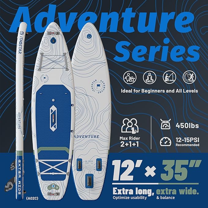 Adventure 12’×35"/39" Extra Wide Paddle Board, One-Stop Premium SUP Board Accessories, Tailored 5 Fins, Stable Inflatable Stand Up Paddle Boards for Youth/Adults of All Skill Levels