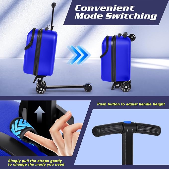 smilesun Foldable Ride On Scooter Suitcase with Front Opening, Lightweight Carry On Scooter Luggage for Adults, Teens & Kids（Blue 20-inch）
