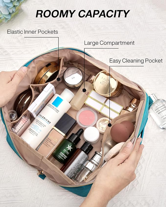 BAGSMART Makeup Bag Cosmetic Bag, Travel Makeup Bag,Water-resistent Makeup Bags for Women Portable Pouch Open Flat Make Up Organizer Bag for Toiletries, Brushes, Teal