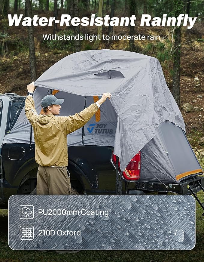 JOYTUTUS Pickup Truck Tent 2.0, Waterproof PU2000mm Double Layer for 2 Person, Portable Truck Bed Tent with Rainfly, 5.5'-5.8' Camping Preferred - Orange