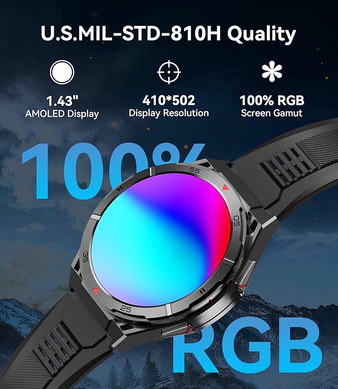 OUKITEL Smart Watch for Men GPS Watch, 1.43" AMOLED Display, 5ATM Waterproof Military Watch, 150+ Sport Modes, Fitness Activity Tracke with Compass Pedometer Sleep Monitor Heart Rate, for Android iOS
