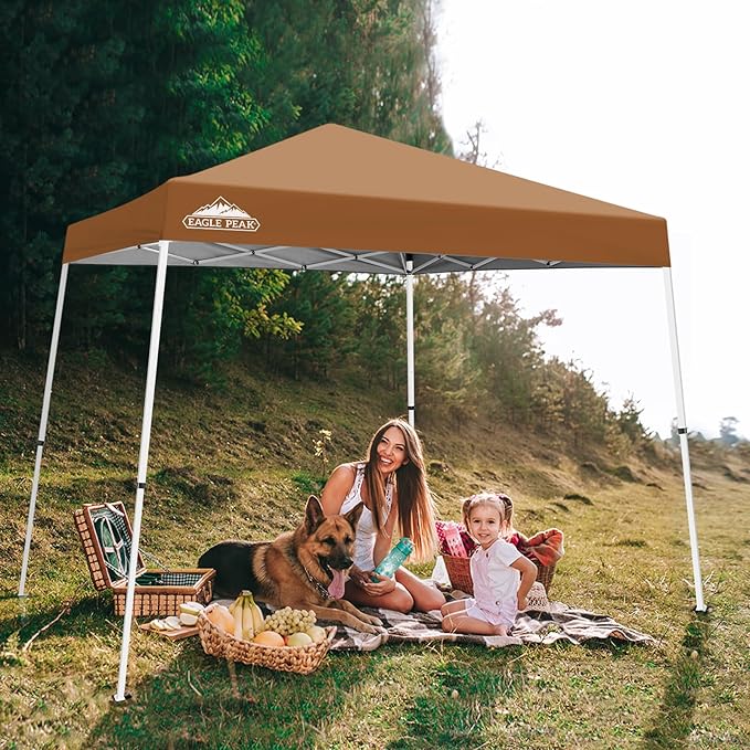 EAGLE PEAK 10x10 Slant Leg Pop-up Canopy Tent Easy One Person Setup Instant Outdoor Beach Canopy Folding Portable Sports Shelter 10x10 Base 8x8 Top (Khaki)
