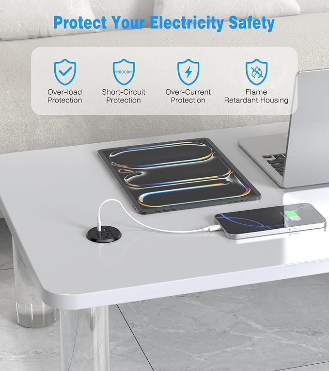 2 inch Desk Power Grommet Outlet, Recessed Power Outlet with 20W USB-C Fast Charging, for Conference Rooms, Office Tables, Furniture, 6FT Cord(ETL Listed)