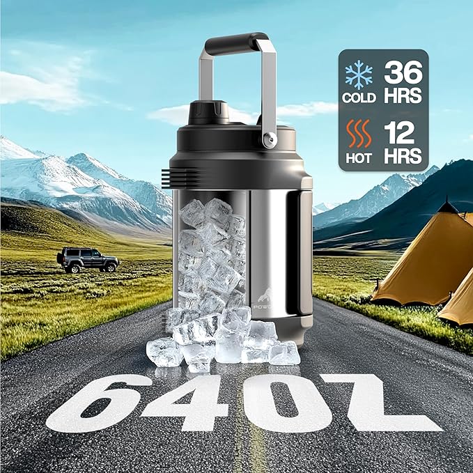 64 oz Stainless Steel Water Bottle for Camping: 2-in-1 Straw Spout Lid, Dual Handle, Leakproof, Keep Cold 48H, Half Gallon Insulated Water Jug for Outdoors, Fitness, Journey, Fishing, Work (Steel)