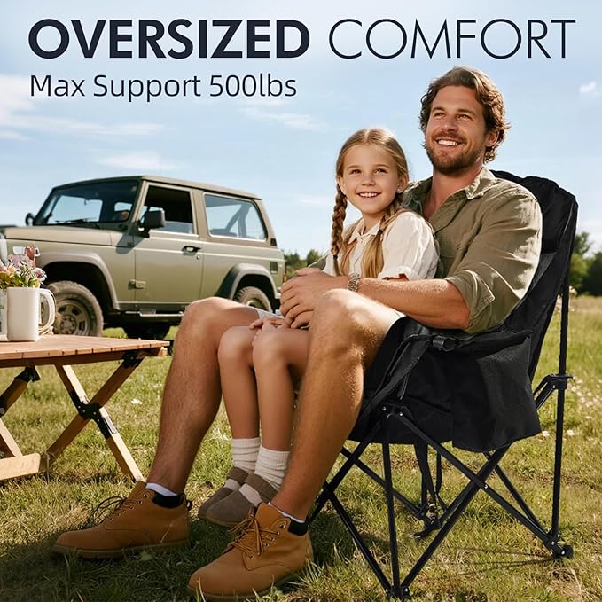 Oversized Camping Chairs for Adults - Heavy Duty Padded Outdoor Folding Lawn XL Camp Chair with Cup Holder Cooler Pockets for Outside Sports Beach Fishing Garden Portable Supports 500lbs, Black