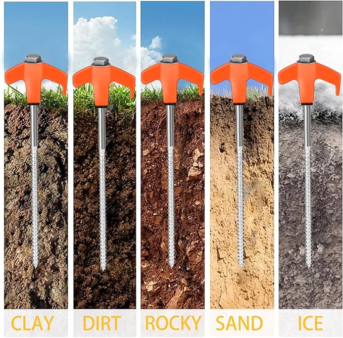 12 Pack 8" Screw in Tent Stakes Heavy Duty- Ground Anchors Screw- Tent Pegs Camping Stakes- Hex Pegs Drillable Tent Stakes and Hexagon Head Drive and Storage Box (Orange)