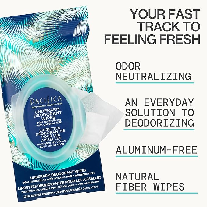 Pacifica Deodorant Wipes - Coconut Scented Body Wipes, Aluminum-Free After Workout Underarm Deodorant, Helps Fight Body Odor, Travel, Summer, Long Flight, and Gym Essentials for Men and Women - 30 pcs