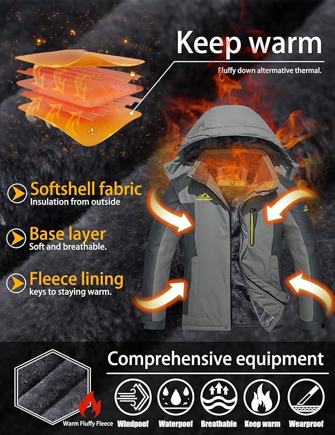 TACVASEN Men's Winter Ski Jacket Waterproof Snow Coats Snowboard Fleece Lining Jacket Warm Parka with Hooded