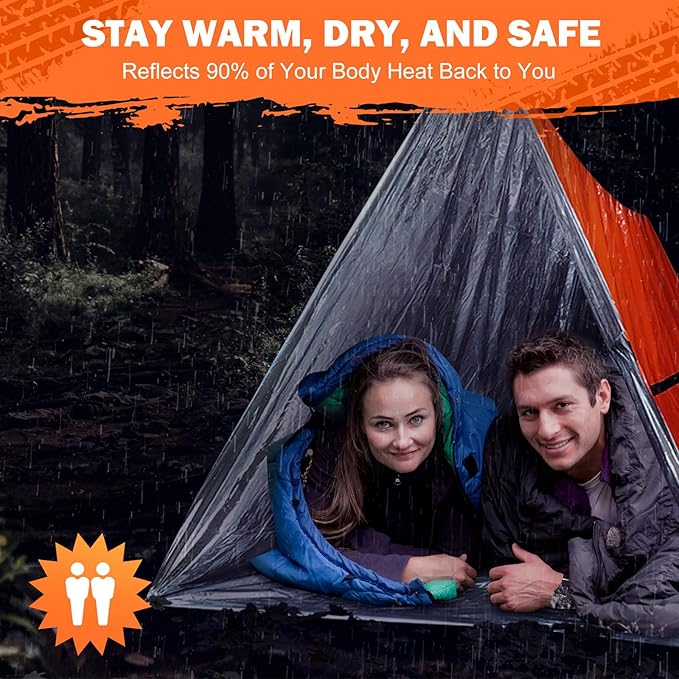 Emergency Survival Tent Life Shelter - 2 Person Mylar Emergency Shelter Tube Tent with Emergency Whistle & Paracord, All-Weather Essential Survival Gear for Camping, Hiking & Survival Kits