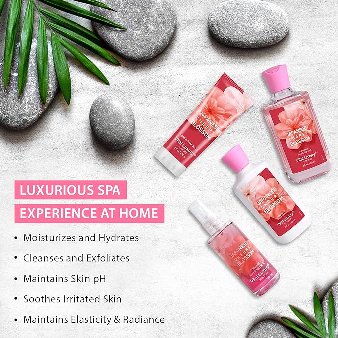 Japanese Cherry Blossom Bath & Body Kit, 3 Fl Oz Travel Size, Ideal Skincare Relaxing Home Spa Set, Includes Body Lotion, Shower Gel, Body Cream, and Fragrance Mist, Bath Gifts for Her and Him