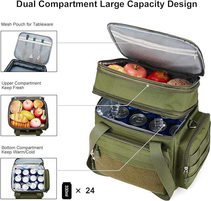 Large Tactical Lunch Box for Men, Insulated Lunch Bag Adult, Thermal Lunchbox Leakproof Waterproof Cooler Bag, Dual Compartment Lunch tote, Large Lunch Pail for Office Camping (Green)24L