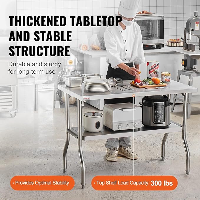 VEVOR Commercial Worktable Workstation 48 x 24 Inch Folding Commercial Prep Table, Heavy-duty Stainless Steel Folding Table with 772 lbs Load, Kitchen Work Table, Silver Stainless Steel Kitchen Island