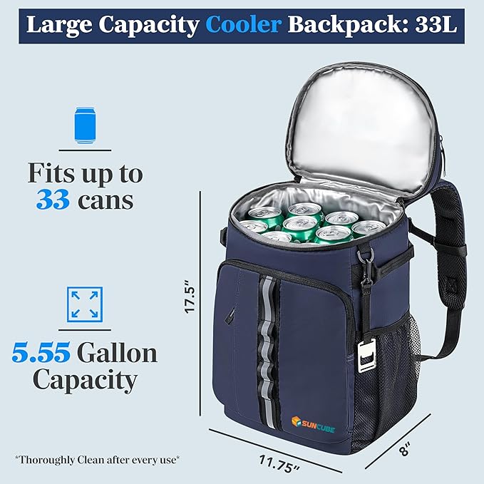 SUN CUBE Cooler Backpack 33 Can, Leakproof Insulated Backpack Cooler for Men Women, Camping Cooler Backpack for Beach Travel Hiking, Waterproof Lunch Backpack, Navy