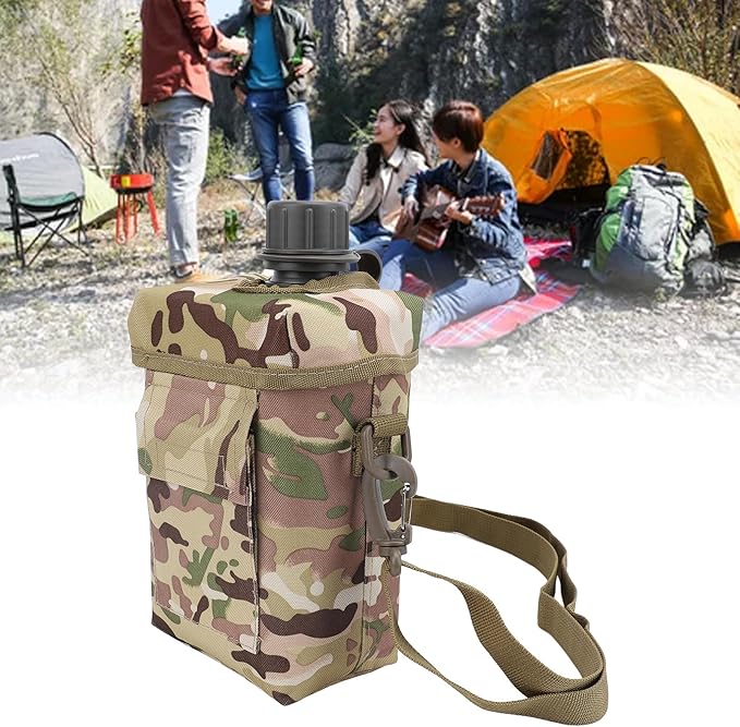 Zunate Outdoor Water Bottle - 2L Portable Water Canteen with Waist Bag, Multi Fuctional PVC Flat Camping Water Bottle for Surplus or Bushcraft Gear (CP)