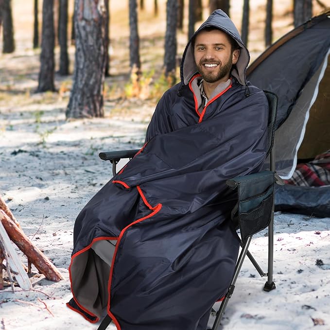 REDCAMP Large Waterproof Stadium Blanket with Hood for Cold Weather, Soft Warm Fleece Camping Blanket Windproof for Outdoor Sports, Dark Blue/Grey