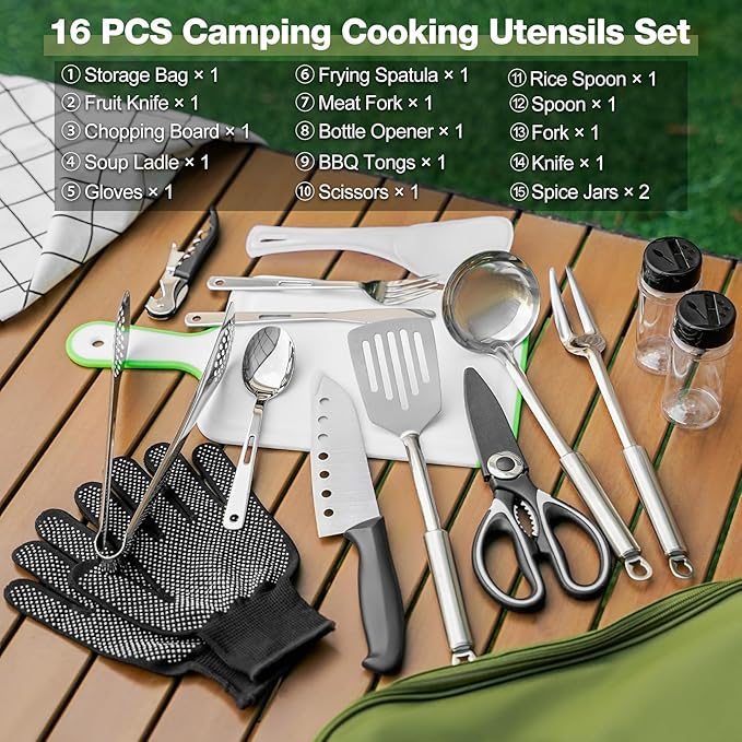 Onlyfire Portable Camping Kitchen Utensil Set, 16 Piece Cookware Kit, Outdoor Cooking and Grilling Utensil Organizer Travel Set Perfect for Travel, Picnic, RV, Camping, Hiking, BBQ, Party, CT606