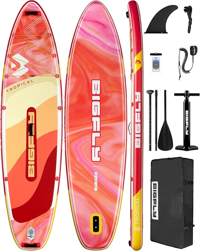 Bigfly Inflatable Stand Up Paddle Board 11’*34”*6”, Blow Up Paddle Board for Adults,with Detachable Fins, Pump, Floating Paddle, Safety Leash,Backpack