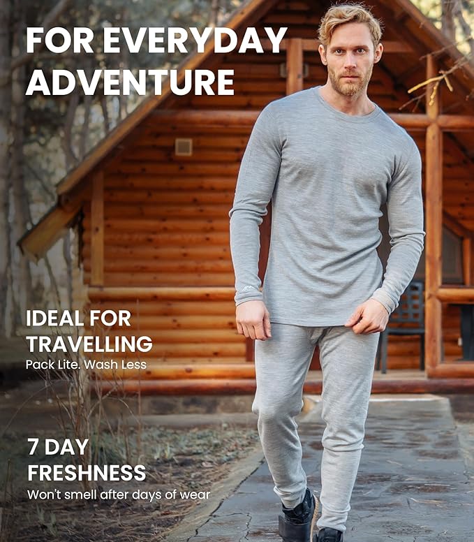 Merino.tech Men’s Merino Wool Base Layer Set – Zip-Up Heavyweight, Midweight Thermal Top & Bottom