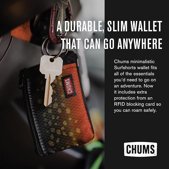 Chums Surfshorts Wallet - Lightweight Zippered Minimalist Wallet with Clear ID Window - Water Resistant with Key Ring (Red/Blue Swirl)