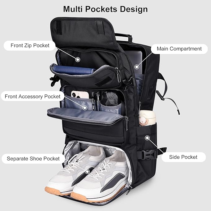 PIJUSHI Carry on Travel Backpack for Women Men Convertible Duffel Bag Backpack Large Luggage Rucksack Fit 16 Inch Laptop(PE039 Black)