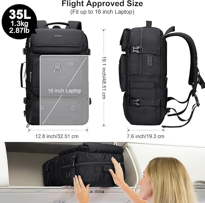 PIJUSHI Carry on Travel Backpack for Women Men Convertible Duffel Bag Backpack Large Luggage Rucksack Fit 16 Inch Laptop(PE039 Black)
