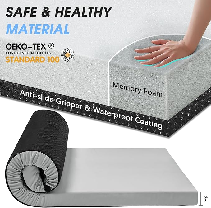 CYMULA Memory Foam Camping Mattress Pad,3inch Sleeping Pad for Camping,Non-Slip Bottom Floor Cot Car Mattress Bed with Retaining Portable Roll up Mattress Pad Mat for Travel Truck Guest Bed Tent