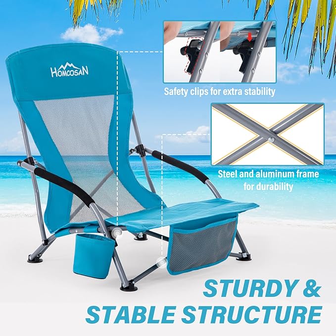 Homcosan Portable Low Folding Beach Chairs Set of 2 - Lightweight Camping Chairs for Adults with Cup Holder & Storage Pockets, Carry Bag Included (Blue)