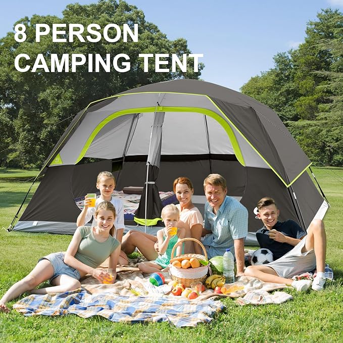 CAMPROS CP Tent 8 Person Camping Tents, Waterproof Windproof Family Tent with Top Rainfly, Large Mesh Windows, Double Layer, Easy Set Up, Portable with Carry Bag, for All Seasons