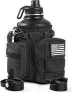 Tactical Half Gallon Water Bottle with Straw, 64 oz Insulated Water Jug with Molle Sleeve, Stainless Steel Sport Bottle with 3 BPA Free Lids for Gym Workout Hiking (Black, 64OZ)