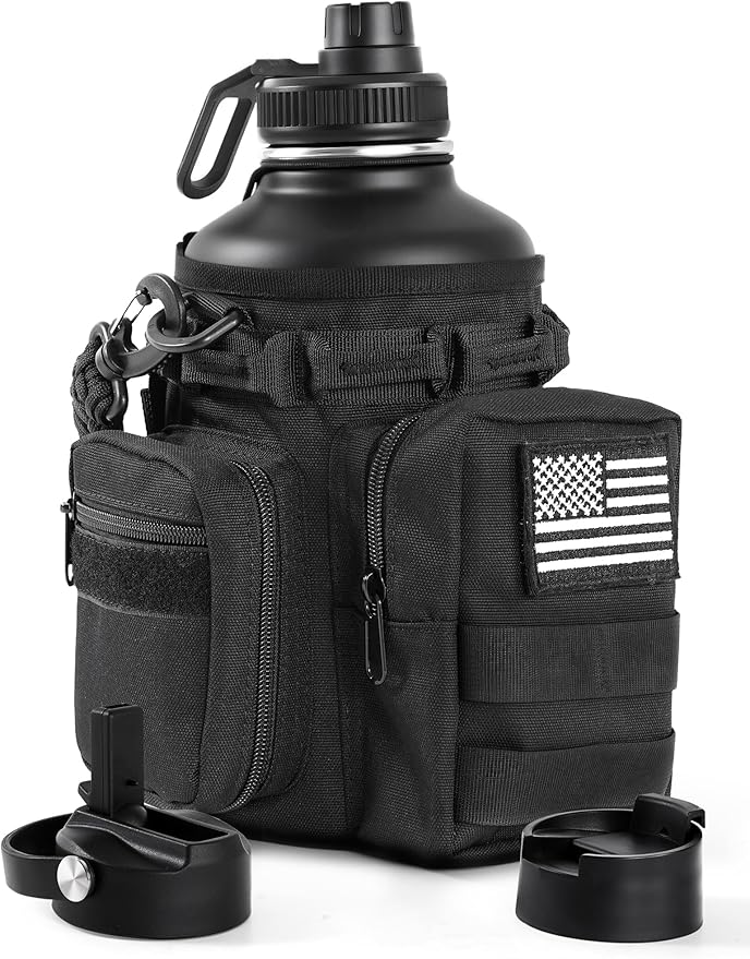 Tactical Half Gallon Water Bottle with Straw, 64 oz Insulated Water Jug with Molle Sleeve, Stainless Steel Sport Bottle with 3 BPA Free Lids for Gym Workout Hiking (Black, 64OZ)