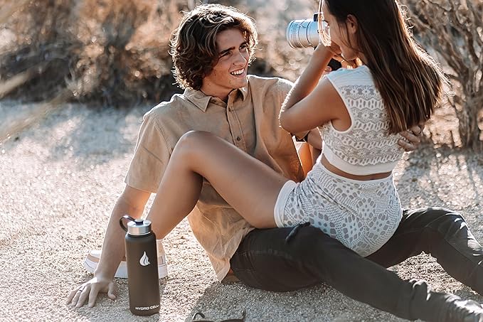 HYDRO CELL Stainless Steel Insulated Water Bottle with Straw - For Cold & Hot Drinks - Metal Vacuum Flask with Screw Cap and Modern Leakproof Sport Thermos for Adults (Black 40oz)