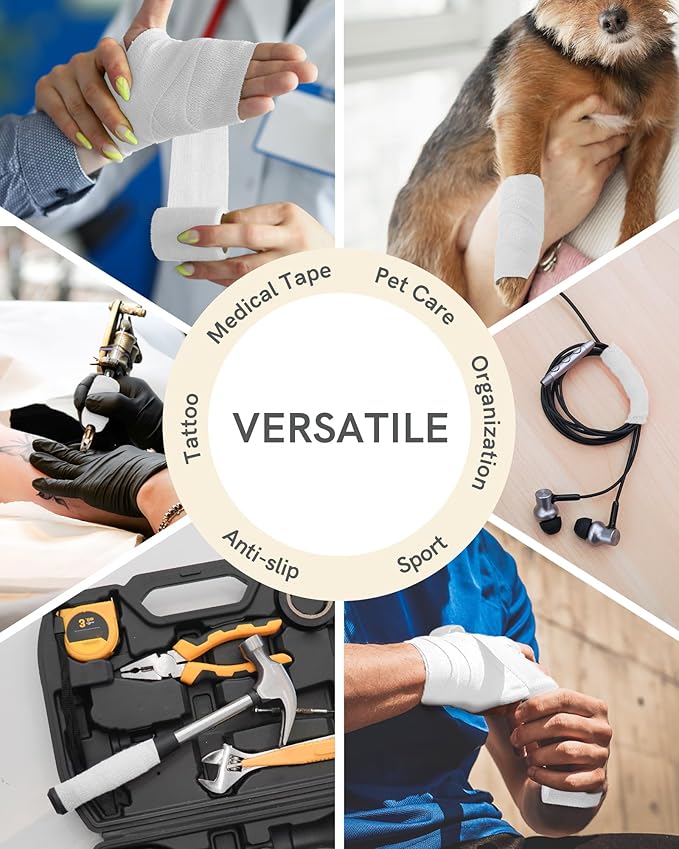 FriCARE Self Adhesive Bandage Wrap, Medical Tape in First Aid Kit, Cohesive Bandages for Wounds Sport Vet, 2 Inches X 5 Yards 6 Rolls, White