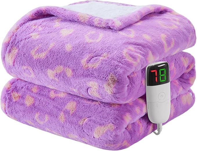 Leopard Print Heated Electric Blanket Throw,50X60 Purple Heating Blanket with 10 Heats Levels & 8 Hours Auto Off,Cute Cheetah Soft Fleece Sherpa Blankets Warmer Gifts for Women Washable,ETL