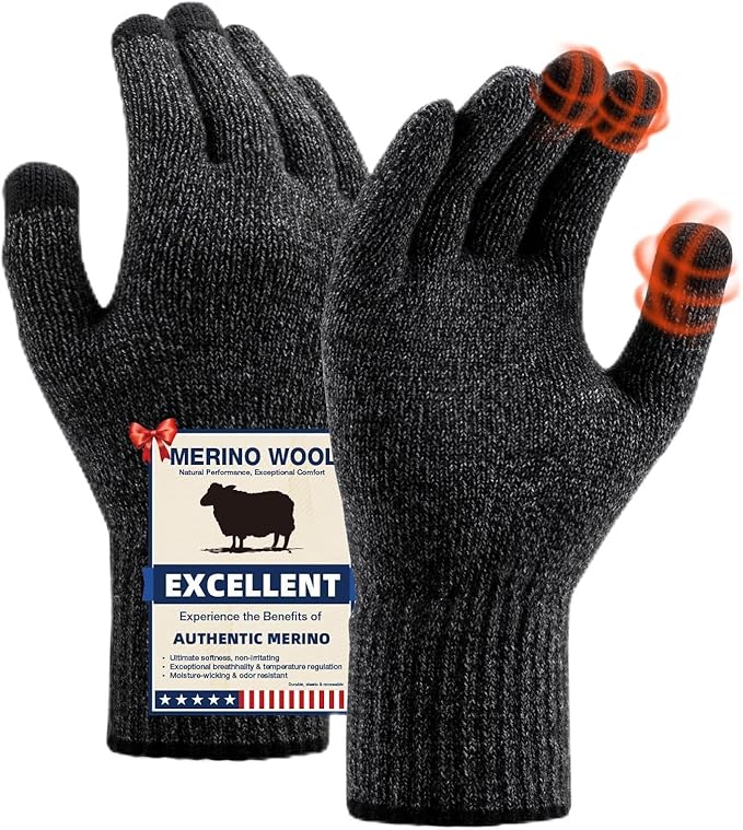 Merino Wool Gloves for Men Women, Touch Screen Warm Glove Liners Thermal Soft Knit Lining for Winter Running Hiking