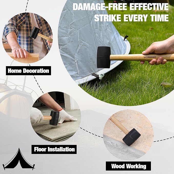 WORKPRO Tent Stakes and Hammer Set, 16oz Rubber Mallet Hammer, Wooden Handle, 10PC Heavy Duty Metal Tent Stakes and Storage Bag, DIY Woodworking, Camping Accessories for Ground, Camp and Garden