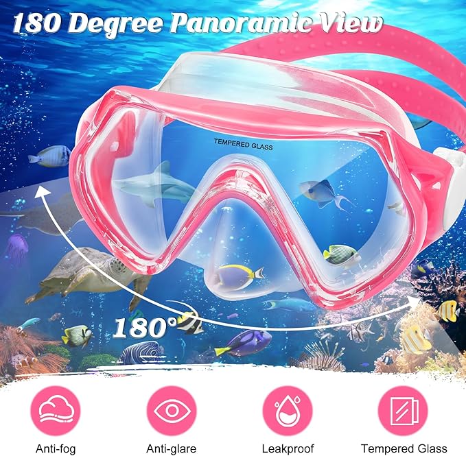 Kids Swim Goggles Snorkel Diving Mask for Boys Girls Ages 5-15, Two-Color Anti-Fog Swimming Goggles with Nose Cover