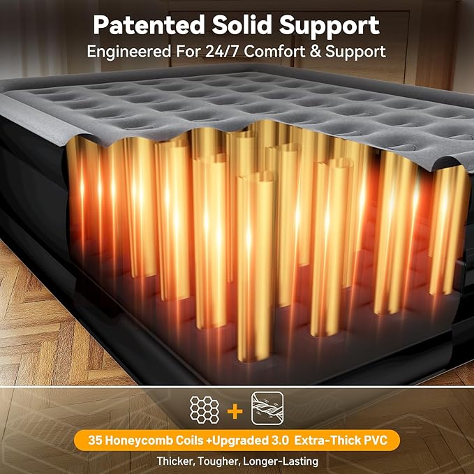 Air Mattress Queen with Built in Pump,Blow Up Mattress in 3 Mins,18'' Raised Self Inflatable Mattress,Portable Airbed for Home,Floor&Camping,Queen Size Air Matress for Adults,660LB Max,Black
