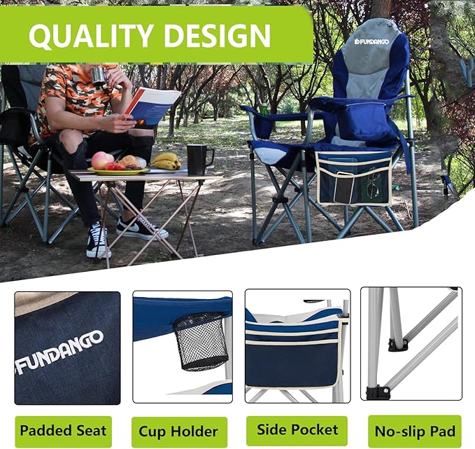 FUNDANGO 2 Packs Oversized Camping Chair with Lumbar Back Support Padded Outdoor Heavy Duty Camping Chair for Adults with Cup Holder, Armrest, Support 300 lbs