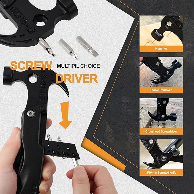 15 in 1 Multitool Hammer Multi Tool Survival Gear Multitool for Men，Survival Tools Camping Accessories With Knife,Pliers,Nail Puller,Screwdriver,Saw,Bottle Opener,Present for Husband,Dad,Grandpa