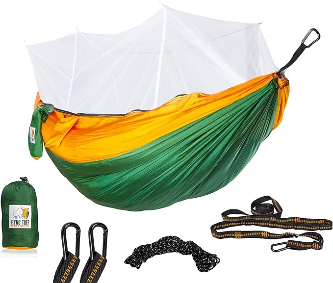 X-Large 2 Person Camping Hammock with Mosquito Net - Compact Double Hammock with Bug Net, Pocket, Tree Straps & Heavy Duty Carabiners - Parachute Grade Nylon Can Hold Over 600lbs of Weight