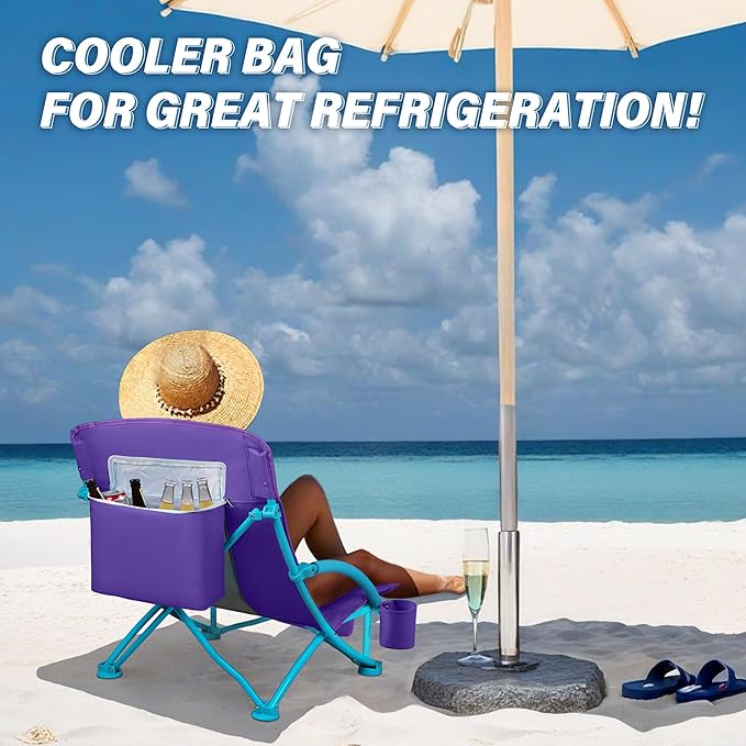 Beach Chairs for Adults 2 Pack,Heavy Duty Folding Low Back Camping Chairs w/Cooler Bag,Mesh Back,Cup Holder & Storage Bag,Compact Sling Chair for Lawn,Picnic,Travel,Purple