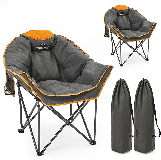 Oversized Padded Comfy Camping Chair for Adults, Portable Padded Lawn Chair, Weight Capacity 400 LBS, Heavy Duty Moon Leisure Folding Chair for Camping, Hiking, Carry Bag, Orange (2 Pack)