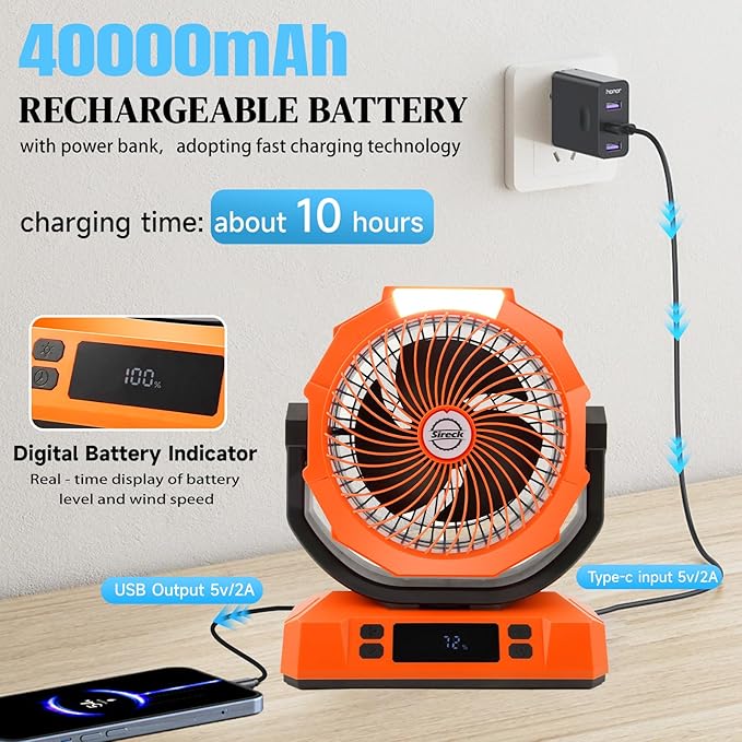 Camping Fan Rechargeable Portable Fan 12-Inch, 40000mAh Battery Powered Fan with LED Light, Digital Display, Timer, 6 Wind Speeds Cordless USB Desk Fan for Tent, Travel (Orange)
