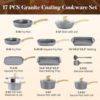 Kitchen Academy Granite Nonstick Cookware Set - 17 Piece Gray Cooking Pans Set, Induction Pots and Pans Set Non Stick, PFOA & PFOS Free.