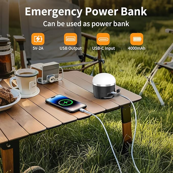 LED Camping Lantern Rechargeable, 1000LM Portable Tent Light with 12 RGB Lighting Modes, Power Bank, Waterproof, Mini Flashlight with Magnetic Base for Emergency, Power Outages, Hiking, Home