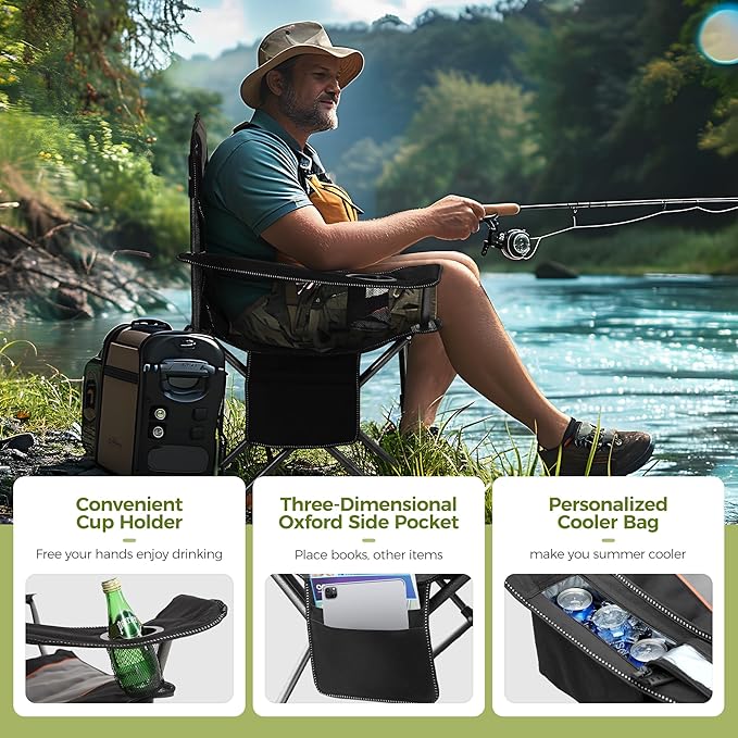 ALPHA CAMP Oversized Camping Chair Heavy Duty Lawn Chair with Cooler Bag Support 450 LBS Steel Frame Collapsible Padded Arm Quad Lumbar Back Folding Chair for Lawn Outdoor