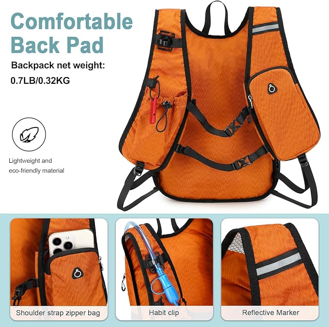 BOVIP Lightweight Hydration Back,15L Multipurpose Hiking Backpack with 1.5L Water Bladder ,Hydro Water Daypack for Cycling Hiking Rave for Men Women