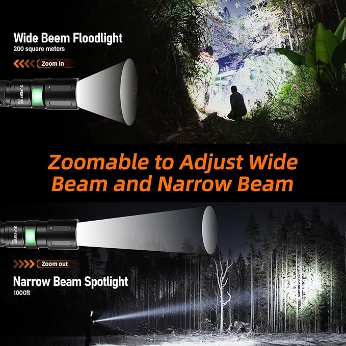 SuperFire 1000-Lumen Tactical Flashlight - Rechargeable, Zoomable LED Flashlight with 5 Modes, Pocket-Sized (2-Pack) for Camping & Emergency