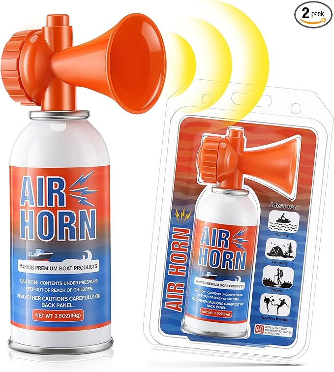 2 Pack Large Air Horn for Safety 3.5oz, 122dB Very Loud Marine Air Horn for Boat, Coast Guard Approved, Great for Boat & Marine Safety, Sporting Events, Travels, Hiking (Orange)