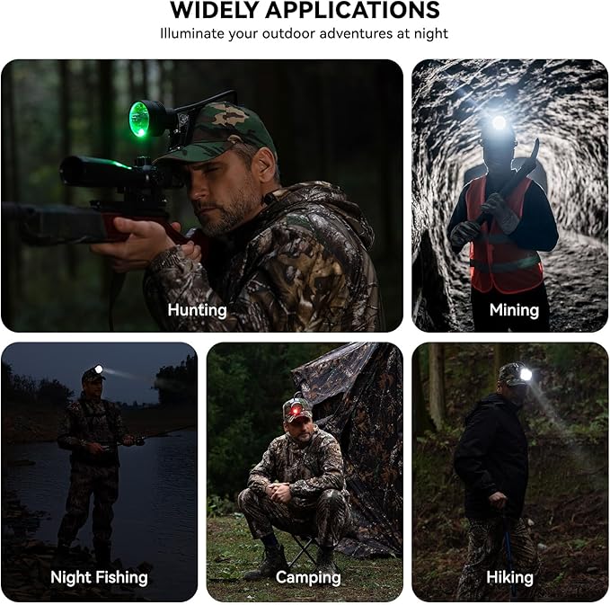 10W LED Coyote Hog Coon Hunting Lights, Rechargeable Hunter Headlamp, Waterproof 60000LUX Super Bright LED Predator Hunter Head Light & 3 Colors (White Red Green), 7 Position Switch